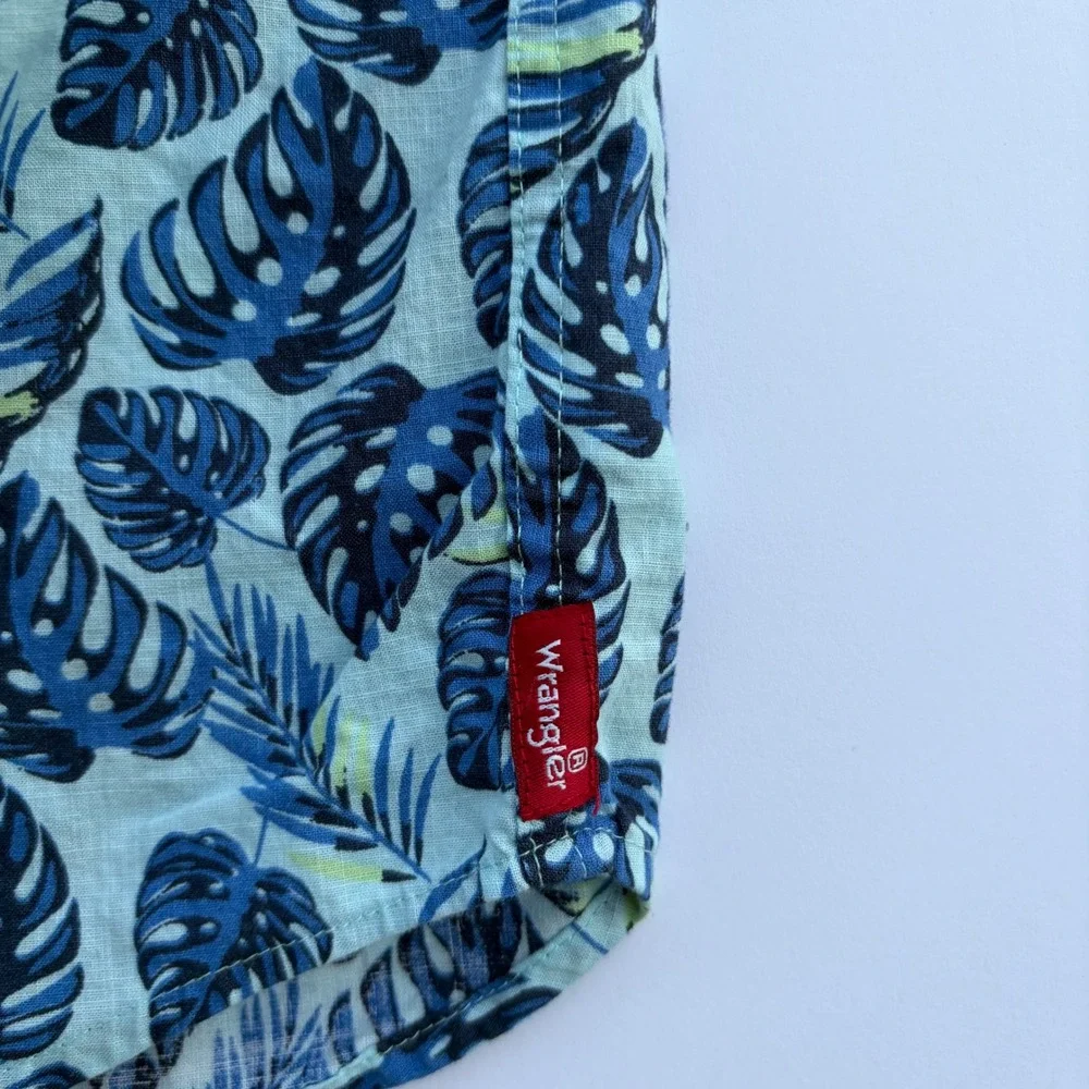 Wrangler Boys 4T Tropical Monstera Leaf Button Down Shirt Blue Green W25S2385THA